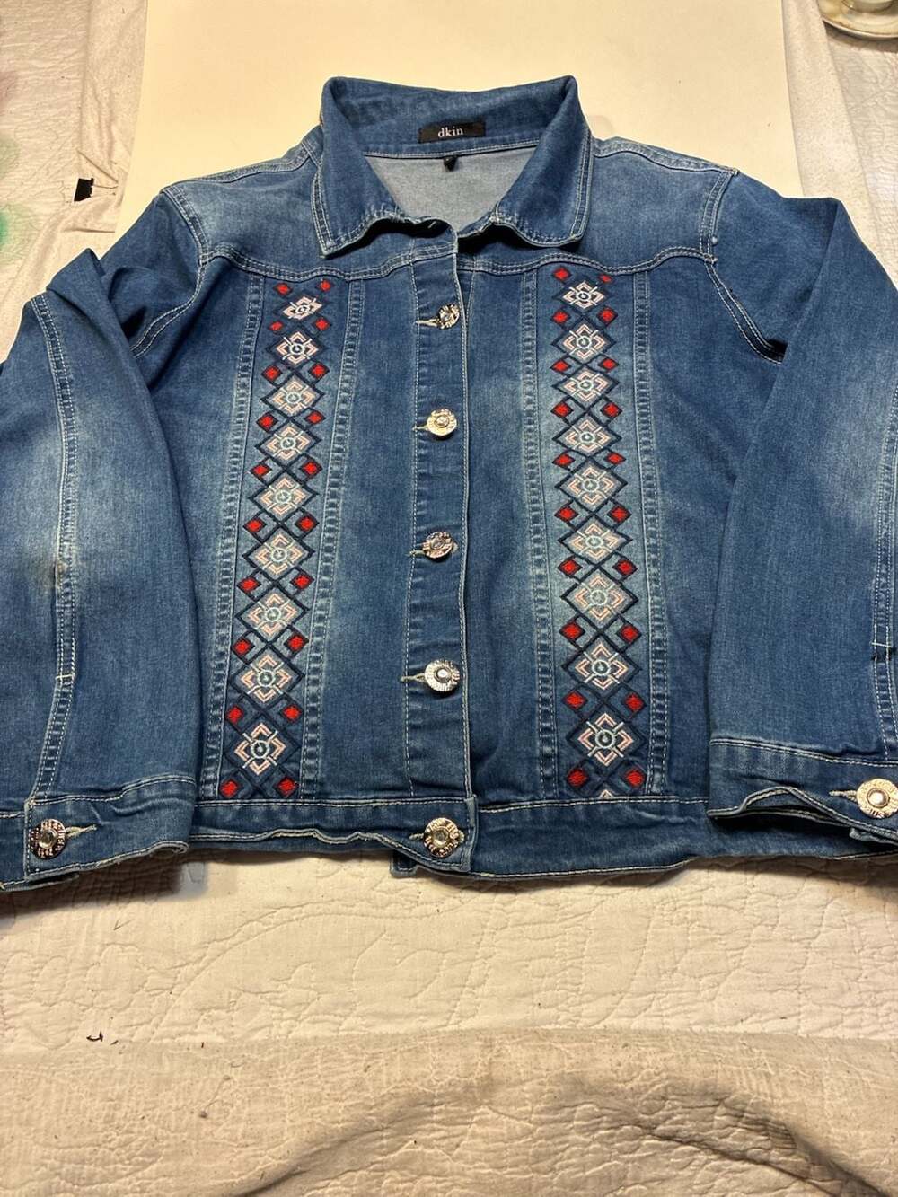 dkin Women's Embroidered Southwestern Style Denim Jacket, Size 1X